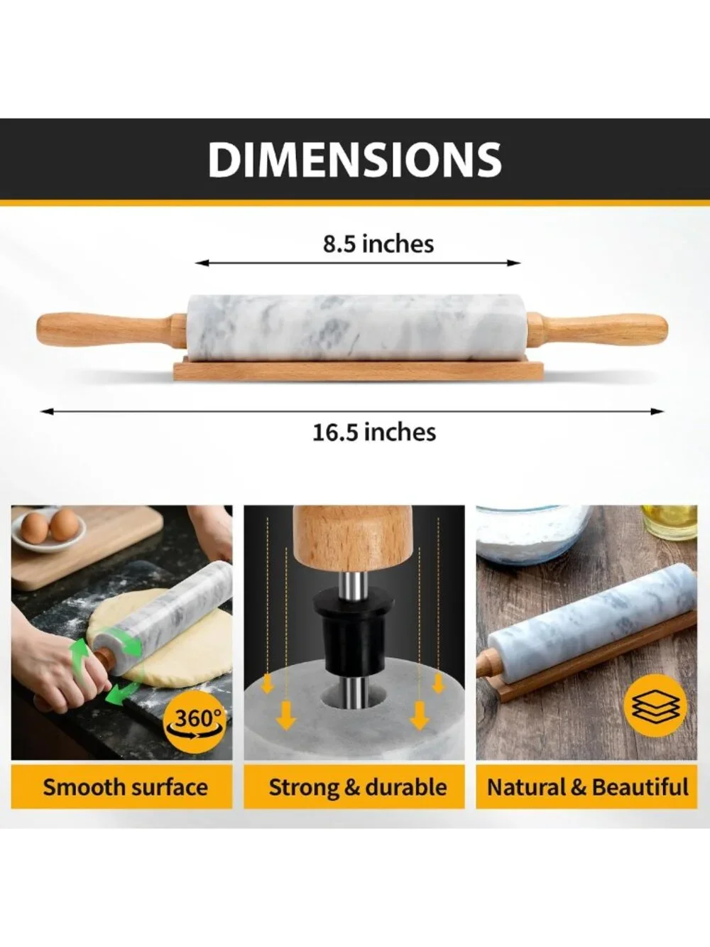 16.7” Marble Rolling Pin with Wooden Handles & Cradle - Perfect for Pizza